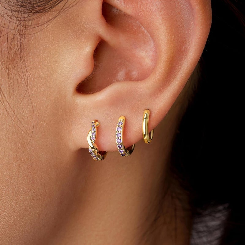 Inerney 14K Gold Plated Huggie Hoop Earrings for Women, Small Sterling Silver Earring Set Hypoallergenic Cartilage Helix Stacks, Mini Dainty Cute Trendy Birthstone Jewelry Gift for Multiple Piercings - Image 4